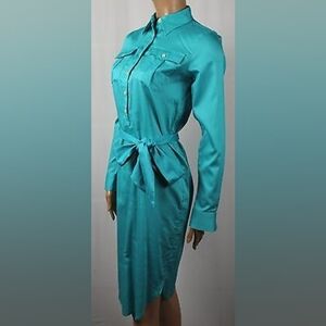 Ralph Lauren Turquoise Long Sleeve Belted Shirt Dress, Size 2